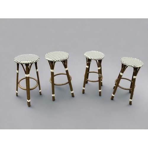 442 - A set of four Retro Faux Bamboo Steel and Ratan Style Bar Stools. Get your funk on!Height 80cmDia 36... 