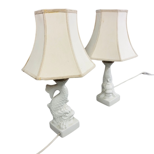 64 - Pair of stylised Ceramic Venetian Dolphin Table Lamps with complementary shades