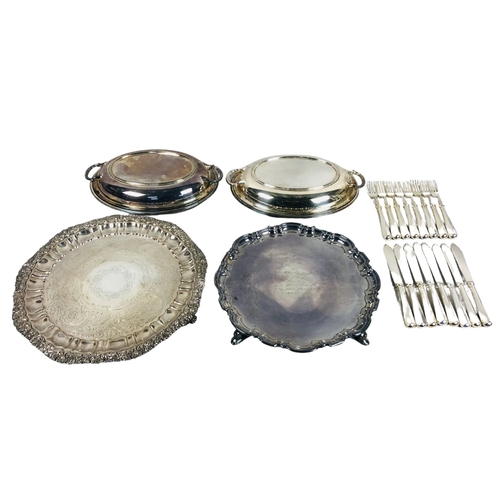 74 - Electro plated items to include 2 salvers and fish knives and forks.