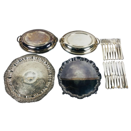 74 - Electro plated items to include 2 salvers and fish knives and forks.