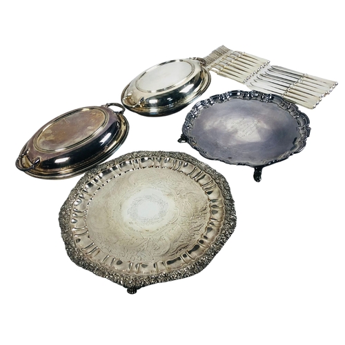 74 - Electro plated items to include 2 salvers and fish knives and forks.