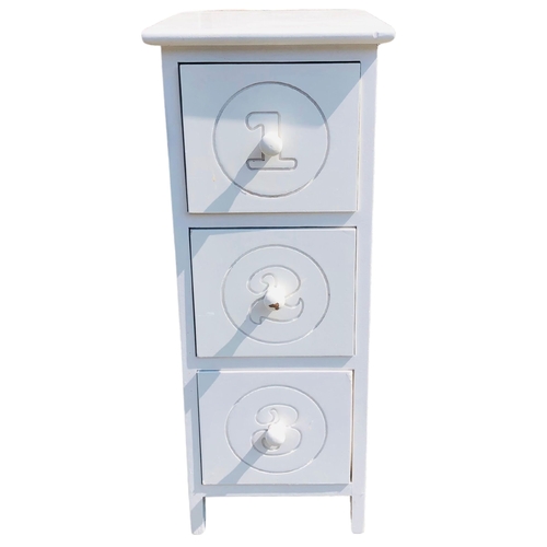 9 - Small white painted narrow floor standing Chest of 3 Drawers