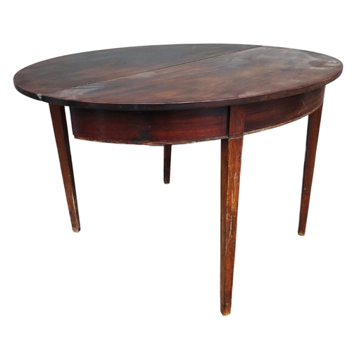 111 - Mahogany 19thC Drop leaf, demi-lune gateleg table 122cm diameter x 74cm tall. On tapering square for... 