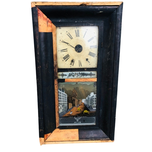 112 - 19thC Clock. American wall hanging clock with scenes of Edinburgh glass panels. A/F