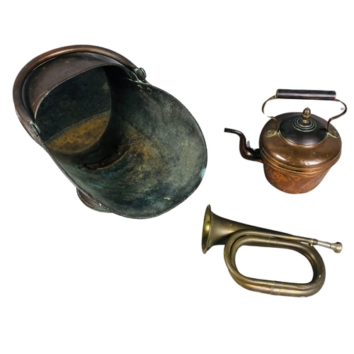 128 - Copper Coal Bucket, Kettle & Brass Bugle