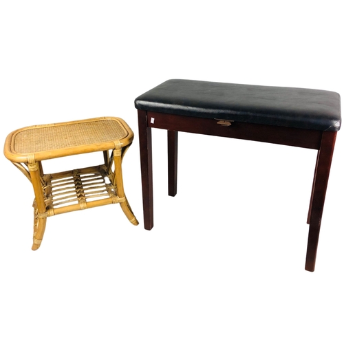 90 - One bamboo and rattan small table and one padded piano stool with lift up lid and storage area under... 