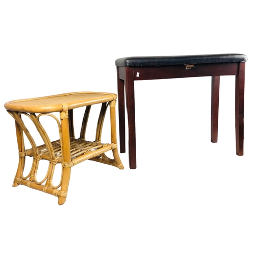 90 - One bamboo and rattan small table and one padded piano stool with lift up lid and storage area under... 