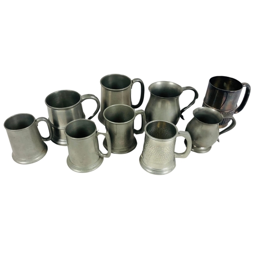 95 - Collection of pewter tankards and one silver plate.