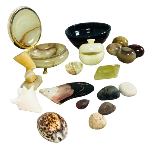 97 - Group of Green Onyx items to include eggs and a small assortment of shells.