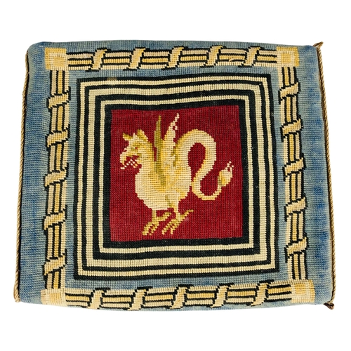 100 - Hand stitched tapestry Kneeler with a dragon design to the centre and classical motifs surrounding.