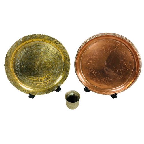 101 - Trays, 1 x Brass, Middle Eastern in origin. 1 x copper stamped to reverse Made in England J. S&S