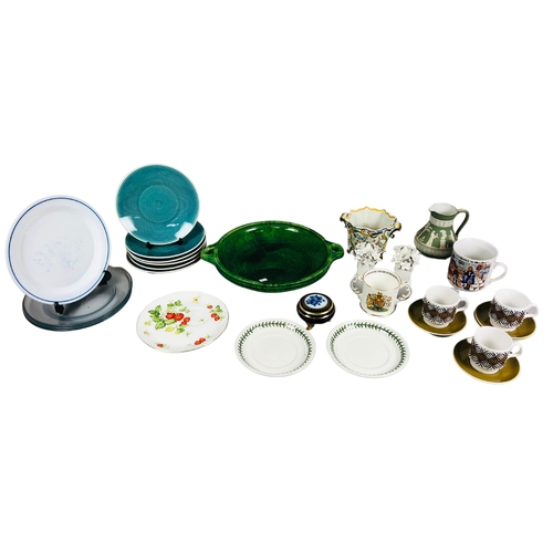 104 - Various pottery and China items to include a green glazed platter, small faience plant pot and a Jas... 