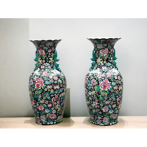 71 - Pair of Chinese Early to Mid 20th Century Large Floor Standing Famille Noire Vases. Height 87cm... 