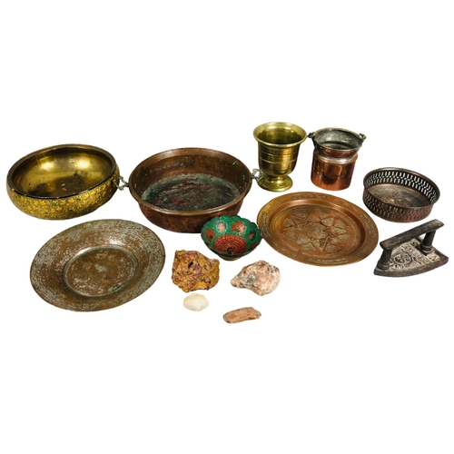 124 - Various brass or copper items, some from the Middle East, and other objects to include a flat iron e... 