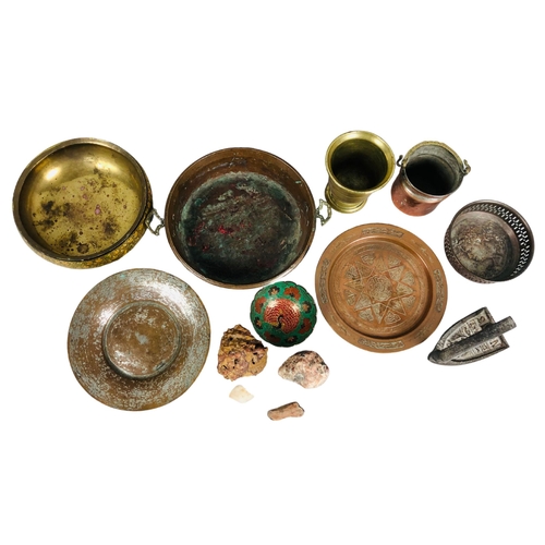 124 - Various brass or copper items, some from the Middle East, and other objects to include a flat iron e... 