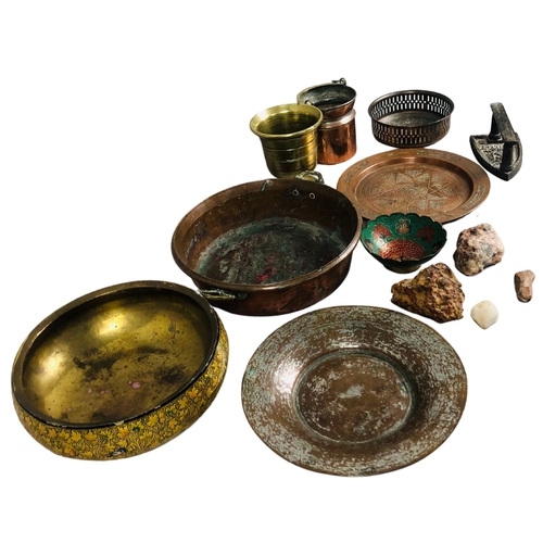 124 - Various brass or copper items, some from the Middle East, and other objects to include a flat iron e... 