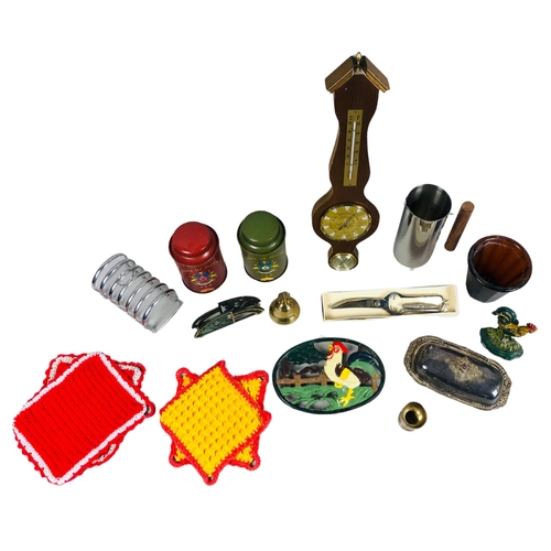 125 - Mixed lot of items to include a mid century jug, boxed game shears, Banjo barometer, cockerel door s... 