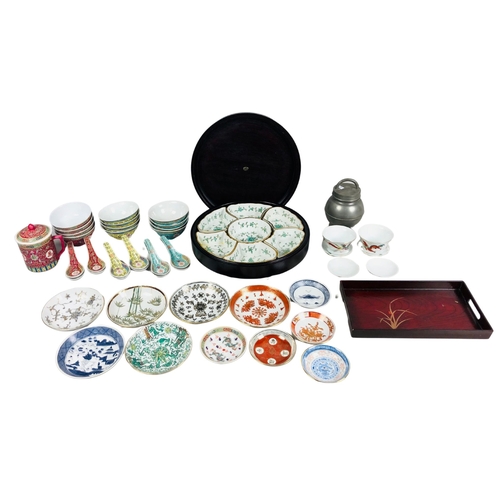 129 - Assortment of modern Chinese porcelain table ware together with a lacquer tray and other items.