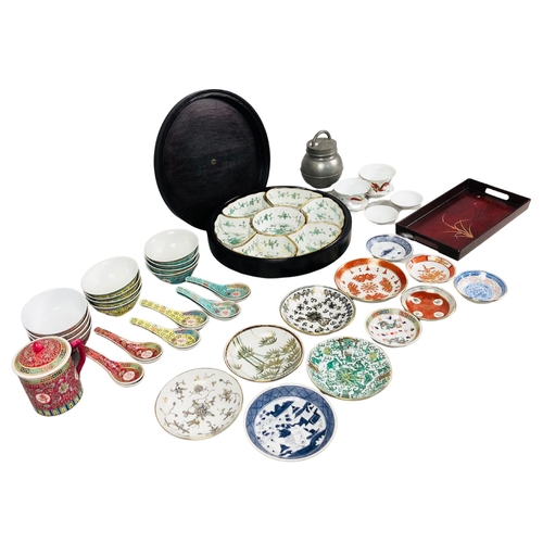 129 - Assortment of modern Chinese porcelain table ware together with a lacquer tray and other items.