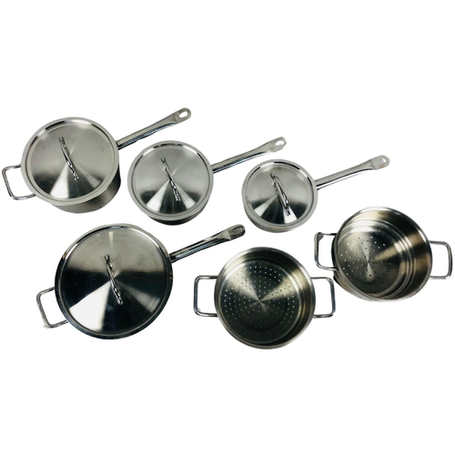 130 - A good set of stainless steel pans complete with steamer/strainer.