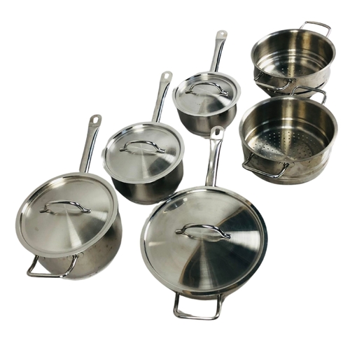 130 - A good set of stainless steel pans complete with steamer/strainer.