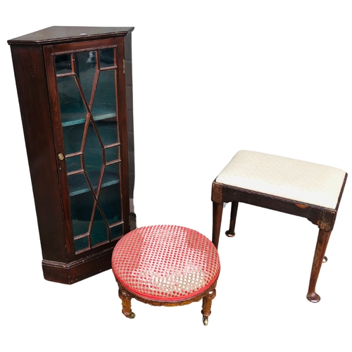 148 - Slim glazed corner cabinet, small Victorian upholstered stool on turned and carved legs with origina... 