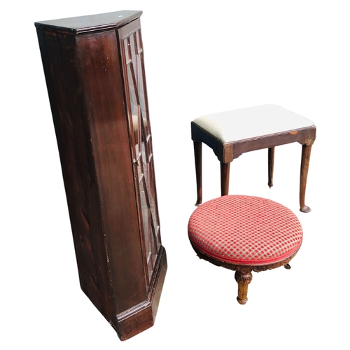 148 - Slim glazed corner cabinet, small Victorian upholstered stool on turned and carved legs with origina... 