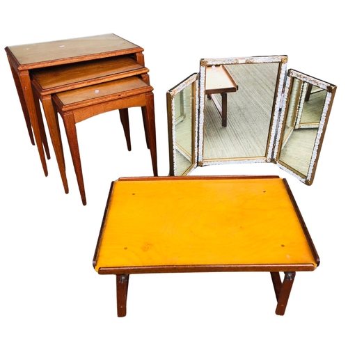 149 - Set of 3 nesting tables with glass protection to the tops. A folding ‘Bridge’ tray (locally made) an... 