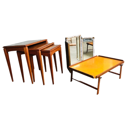 149 - Set of 3 nesting tables with glass protection to the tops. A folding ‘Bridge’ tray (locally made) an... 