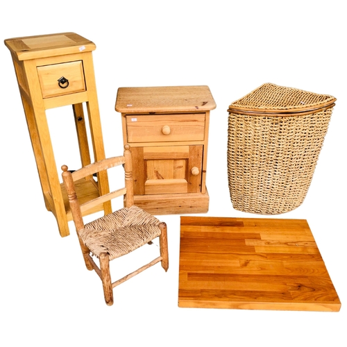 150 - 4 pieces of small pine furniture to include a bedside table and a rush seat child’s chair.