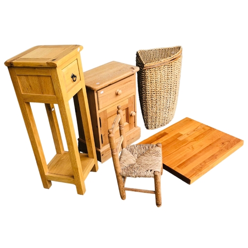 150 - 4 pieces of small pine furniture to include a bedside table and a rush seat child’s chair.