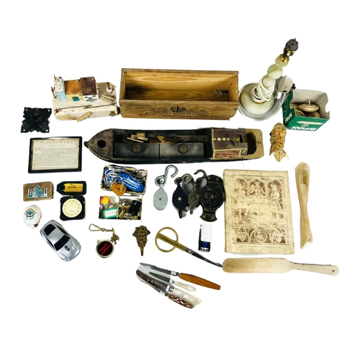 158 - Mixed lot of items to include a model barge, green onyx lamp, ephemera etc