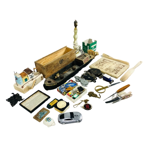 158 - Mixed lot of items to include a model barge, green onyx lamp, ephemera etc