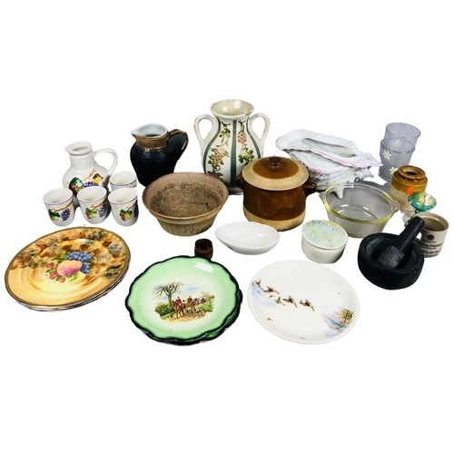 171 - Collection of Items to include mortar and pestle, various China plates and pottery pieces.