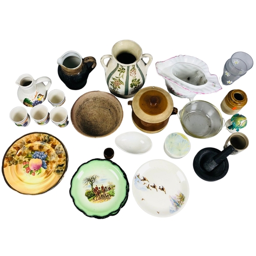 171 - Collection of Items to include mortar and pestle, various China plates and pottery pieces.