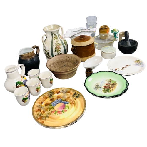 171 - Collection of Items to include mortar and pestle, various China plates and pottery pieces.