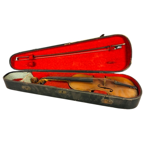 454 - German Maggini model Violin Circa 1920  Cased with hardwood bow, nicklel mounted.