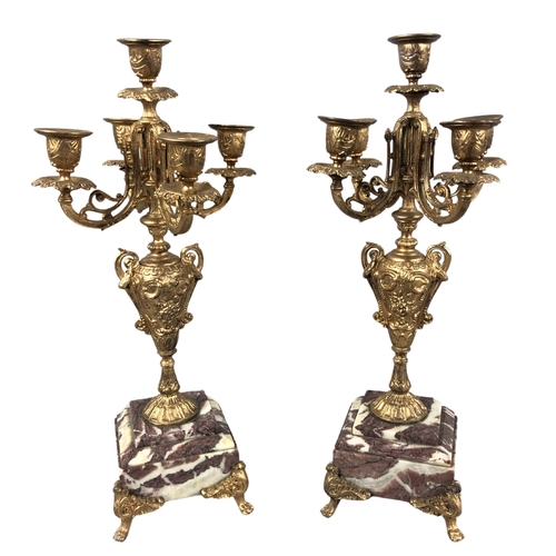 332 - Two Five Branch French Gilt Metal & Marble Base Candelabras Approx height 44cm