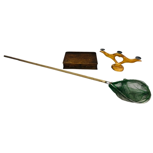 230 - Catch net for Fishing, wooden box and a wooden candleholder.