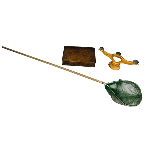 230 - Catch net for Fishing, wooden box and a wooden candleholder.