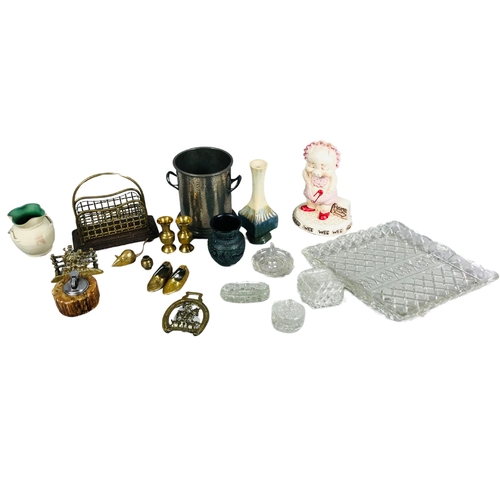 234 - Collection of glass and brass items to include 2 letter racks, dressing table part set and a beaten ... 