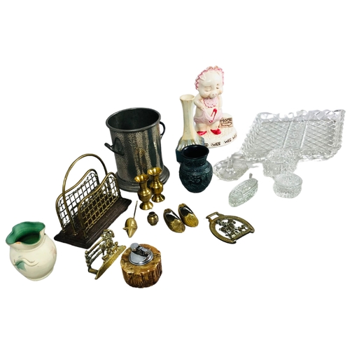 234 - Collection of glass and brass items to include 2 letter racks, dressing table part set and a beaten ... 