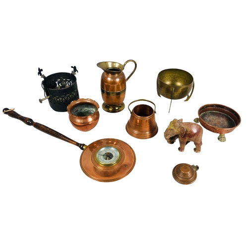 237 - Assortment of copper and brass items to include a copper tray with brass lion paw feet.