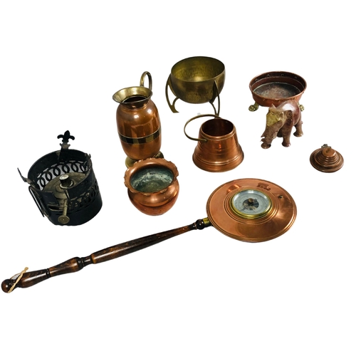 237 - Assortment of copper and brass items to include a copper tray with brass lion paw feet.