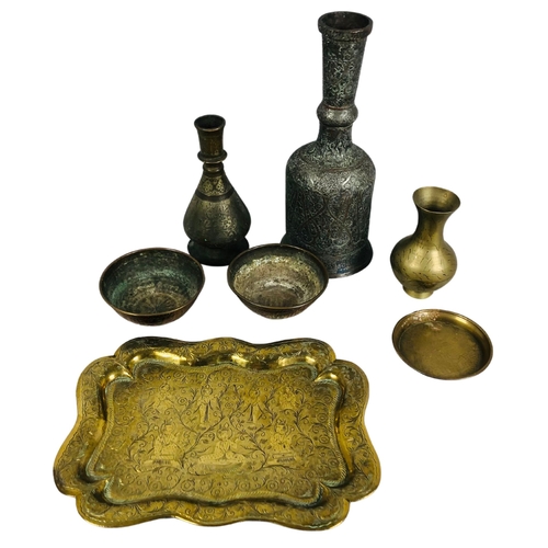 238 - 19thC and later Middle Eastern and Indian metalware , Islamic bowl, hookah base, tripod bowl