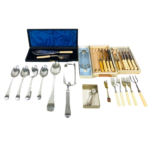 243 - Cutlery for fish course to include servers. Also some Silver Plate serving spoons. Cake slice etc.