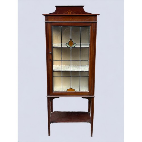 214 - Early 20thC Glass Fronted 3 shelf Display Case with leadwork stained glass and a shelf under.