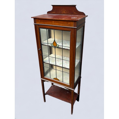 214 - Early 20thC Glass Fronted 3 shelf Display Case with leadwork stained glass and a shelf under.