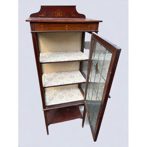 214 - Early 20thC Glass Fronted 3 shelf Display Case with leadwork stained glass and a shelf under.