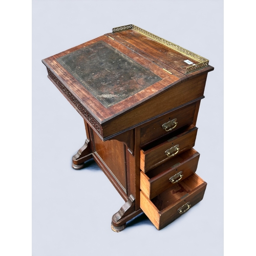 213 - Victorian Davenport Sloping writing desk - with ormolu guard rail and carved frieze below slope.